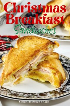 a christmas breakfast sandwich cut in half on a plate with the words, christmas breakfast sandwiches