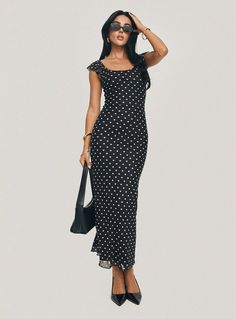 Maxi dress Polka dot print, straight neckline, cap sleeves, invisible zip fastening Good stretch, unlined 90% polyester 10% elastane Cold gentle machine wash Length of size US 4 / AU 8 shoulder to hem: 142cm / 55.9in Maxi Dress Black, Fleece Dress, Outerwear Outfit, Polka Dress, Satin Mini Dress, Black N White Dress, Curve Dresses, Midi Maxi Dress, White Midi Dress