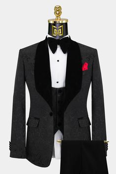 Black Damask Tuxedo - 3 Piece | Gentleman's Guru Elegant Black Winter Sets, Winter Black Tie Tuxedo Suits, Elegant Black Three-piece Suit For Winter, Classic Black Winter Set, Slim Fit Formal Sets For Winter, Black Notch Lapel Sets For Winter, Black Slim Fit Three-piece Suit For Party, Elegant Winter Three-piece Suit For Groom, Tailored Black Sets For Winter