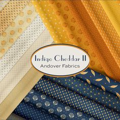 an assortment of fabric samples with the words indigo chedar ii and other fabrics in different colors