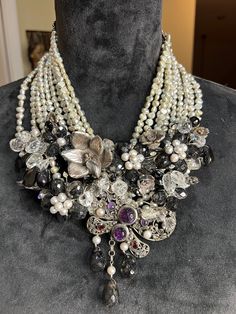 "This beauty is a one of a kind for sure !  All findings  and anything silver has been tested and is 925  sterling , all gem stones also tested and are genuine with baroque pearls adorning the bib it's suspended from   This is a collectors dream showing detail to every inch. The gemstones are amethyst and tourmaline in the butterfly and most all of the clear gems around the entire bib are registering as amethyst although clear.  The crystals are amazing !! This is truly a fabulous piece of artwork hallmark tag says \"jessie\"  In my research i did not find another like it any place.     Shipping with insurance will be provided." Multi-strand Pearl Pendant Necklace For Formal Occasions, Elegant Multi-strand Sterling Silver Necklace, Formal Multi-strand Necklace With Pearl Pendant, Luxury Silver Multi-strand Pearl Necklace, Silver Pearl Jewelry For Party, Silver Beaded Sterling Silver Pearl Necklace, Elegant Gemstone Pendant Beads, Exquisite Pearl Pendant Necklace, Exquisite Formal Jewelry With Natural Stones