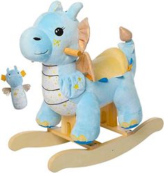 a blue and yellow rocking toy with an elephant on it's back, sitting next to another toy