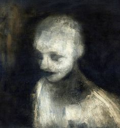 an abstract painting of a woman's face in white and grey tones with black background