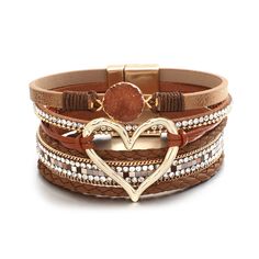 PRICES MAY VARY. This boho leather bracelet features multiple strands of leather combination in different styles, decorated with rhinestone and heart-shaped alloy. The crystal bracelet measures approximately 7.6" long with width 1.5", it's easy to put on and take off because of the clasp. Please confirm whether the size of the product is suitable for you before you order it. Our handmade braided leather bracelet is a stylish accessory which is perfect for your daily casual wear or work formal we Gem Bracelets, Eclectic Jewelry, Stainless Steel Bracelet Men, Mens Stainless Steel Rings, Resin Stone, Watches Women Leather, Mens Watches Leather, Bracelet Watches Women, Jewelry Styles