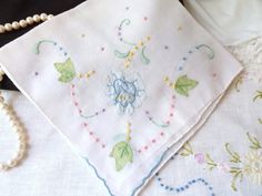 Flower Applique Hanky, Hand Embroidered Batiste Cotton Hanky, Floral Appliquework Floral Embroidered Handkerchiefs For Spring Wedding, Vintage Embroidered Summer Handkerchiefs, Vintage Cotton Handkerchiefs For Spring, White Cotton Handkerchiefs For Spring, Spring Wedding Handkerchiefs With Floral Embroidery, White Cotton Retro Handkerchiefs, Spring Cotton Handkerchiefs With Floral Embroidery, Summer Embroidered Cotton Handkerchiefs, Summer Cotton Embroidered Handkerchiefs