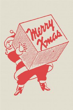 a drawing of a person carrying a box with the words merry xmas written on it