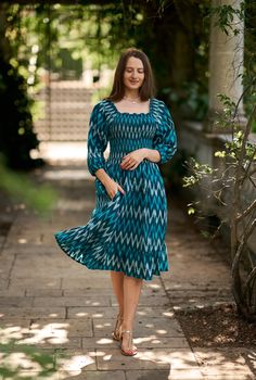 🌺  HEIDI Comfortable, pure cotton ikat dress with elasticated front and back. Size M : Bust 104cm - 40.9"  Length approx. 105cm - 41.3" Materials: Fabric: 100% Cotton 🖐 Care Instructions: Hand wash in 30 Celsius. Do not tumble dry. Custom orders available. You are welcome to contact me with any questions or to select different varieties from my wide range of cotton fabrics. https://www.facebook.com/maniniclothing/ Traditional Fitted Ikat Print Dress, Summer Ikat Print Midi Dress, Traditional V-neck Ikat Print Dresses, Spring Blue Ikat Print Dress, Spring Ikat Print V-neck Dress, Ikat Dress, Knee Length Dresses, White Casual, Ethical Fashion