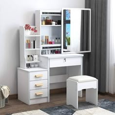 a white desk with drawers and a mirror