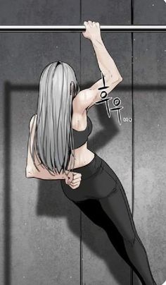 a drawing of a woman doing pull ups on a bar in front of a mirror