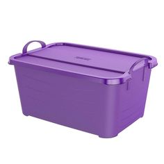 a purple plastic storage box with handles on the top and bottom, is shown in front of a white background