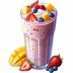 a painting of a smoothie with fruit on the side and pineapple, strawberries, and blueberries