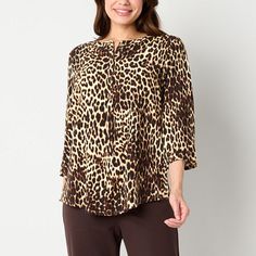 The bold animal print of this Liz Claiborne women's blouse adds an eye-catching element to any outfit. It's made from challis and has a regular-fit, a split crew neckline and fitted three-quarter sleeves. Style yours with trousers and heels. Closure Type: Pullover HeadFit: Regular FitNeckline: Split Crew NeckSleeve Length: 3/4 SleeveSleeve Style: Fitted SleeveApparel Length: 27 InchesFiber Content: 100% RayonFabric Description: ChallisCare: Machine Wash, Tumble DryCountry of Origin: Imported Split, Liz Claiborne, Three Quarter Sleeves, Shirts & Tops, Product Description, Sleeve Blouse, Blouses For Women, Trousers, Crew Neck