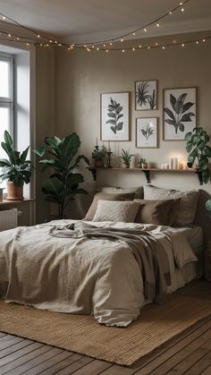 a bed sitting in a bedroom next to two potted plants