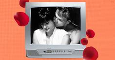 an old tv with two people on it and hearts coming out of the television screen