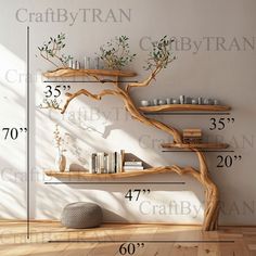 a wooden tree shelf with books on it in the middle of a room, measurements