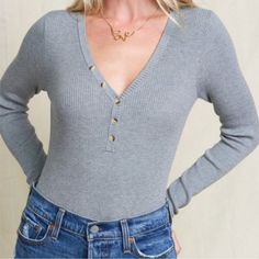 Stretchy Grey V-Neck Henley. Soft Knit Ribbed Material With Button Neckline And Fitted Sleeves. 100% Viscose Red Fishnets, Free People Tank Top, Business Casual Shirts, Cami Shirt, Fitted Sleeves, Black And White Shirt, Black White Pattern, Shirt Blouses Tops, Embroidered Shorts