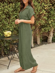 Solid Drawstring Waist Button Front Pocket Wide Leg Jumpsuit Casual V-neck Jumpsuit With Button Closure, Casual V-neck Jumpsuits And Rompers With Button Closure, Solid Button-up Jumpsuits And Rompers, Green Button-up Jumpsuits And Rompers, Casual Button-up Jumpsuits And Rompers, Summer Casual Button-up Jumpsuits And Rompers, Casual Summer Button-up Jumpsuits And Rompers, Casual V-neck Jumpsuits And Rompers With Buttons, Casual Jumpsuits And Rompers With Buttons