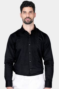 Experience the epitome of luxury with our Jade Black Moti Work Hand Stitched Designer Shirt. Crafted from Super Soft Premium Cotton, it's a masterpiece of meticulous craftsmanship, adorned with stunning moti work. This shirt redefines fashion, combining opulence with elegance. Elevate your style with this exquisite and timeless classic! Fused collar and cuffs, collar stand and flat felled side seams provide structure and stability to all our shirts. 100 % Premium Cotton; Comfortable soft hand, g Embroidered Long Sleeve Tops For Formal Occasions, Embroidered Long Sleeve Formal Tops, Black Embroidered Formal Tops, Formal Black Embroidered Tops, Traditional Embroidered Shirt For Formal Occasions, Black Embroidered Shirt For Formal Occasions, Formal Black Embroidered Shirt, Formal Long Sleeve Tops With Intricate Embroidery, Elegant Long Sleeve Embroidered Shirt