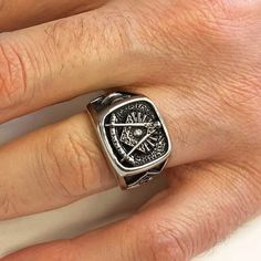 "❥ All of our cargoes are sent by express shipment. Cargoes can be delivered to Europe within 1-2 days after product preparation, to USA and Canada within 2-4 days, to Australia, Asian- Othe American countries and other regions within 3-5 days. Compass Embossed Masonic Ring, Sterling Silver Customized Masonic Ring, Personalized Masonic Ring, Silver Masonic Ring, Masonry Ring Compass Embossed Masonic Ring are the identifying accessory for a Freemason. Symbols that depict freemasons, master mason Unique Stainless Steel Promise Ring, Symbolic Jewelry With Steel Shank As Gift, Adjustable Symbolic Rings With Polished Finish, Timeless Collectible Ring Jewelry, Classic Formal Ring With Rotating Bezel, Silver Stainless Steel Jewelry With Ring Detail, Classic Stainless Steel Rings With Polished Finish, Timeless Stainless Steel Rings As A Gift, Timeless Stainless Steel Rings As Gift