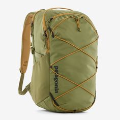 the patagon backpack is green and has an orange cord on the front pocket