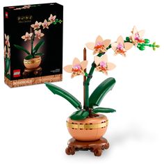 a small potted plant with pink flowers in it next to a lego set box