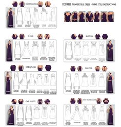 the instructions for how to wear a dress with sleeves and necklines in different styles