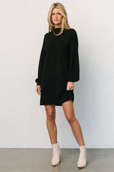 Jennings Sweater Dress | Black - Baltic Born Winter Graduation Outfit College, Winter Graduation Outfit, Black Sweater Dress Outfit, Long Sleeve Dress Outfit, Dresses With Black Tights, Black Dress Winter, Black Long Sleeve Tshirt, Navy Floral Maxi Dress, Sweater Dress Black