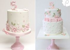 two cakes decorated with pink and white flowers on top of each other, one has the number five