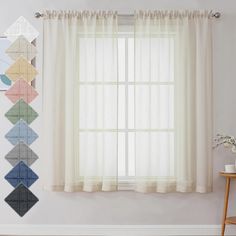 the curtains are hanging on the wall in front of the window with different colors and shapes