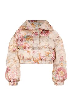 The Yorkshire City Marshmallow Puffer is a decadent hug of a jacket, cropped perfectly to your true waist and made of silk. As puffy as a Lucky Charms marshmallow, this jacket’s extravagant tall collar zips above the mouth to protect you from the cold. A tender bouquet blooms on this print, inspired by the stunning countryside in northern England, where the Brontë sisters wrote their tales of gothic romance. Silk cropped puffer jacket with pockets High neck Zipper closure with logo and snap buttons Selkie's one-of-a-kind prints are uniquely placed, we're committed to sustainability and cut our fabric to prevent any excess waste. To ensure the best fit, measure your bust and high waist before ordering and steam for optimal beauty. Vie is 5’8” and wearing a size XS in Selkie. Her measurement Selkie Coat, Yorkshire City, Brontë Sisters, Lucky Charms Marshmallows, Silk Dressing Gown, Northern England, Cropped Puffer Jacket, Gothic Romance, Puff Dress