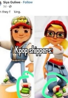 two cartoon characters with the caption kpop shipers on their skateboards and one is