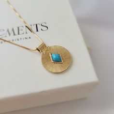 "Round gold turquoise medallion pendant necklace. Wear it on it's own or layer it. Crafted on sturdy non tarnish 14K gold filled box chain. Pendant details:  * Finish: non tarnish 14K gold filled  * Size: 0.8' x 0.7' Comes in our gift ready packaging: vegan leather pouch for safe jewelry storing and branded box  GOLD FILLED Tarnish Resistant. Hypoallergenic. Long Lasting. Gold filled is affordable alternative to solid gold. Hypoallergenic - sensitive skin friendly. With proper care it will last Minimalist Gold Jewelry, Pineapple Jewelry, Gold Minimalist Jewelry, Boho Turquoise, Smoky Quartz Pendant, Pendant Minimalist, Jewelry Words, Coin Pendant Necklace, Turquoise Boho