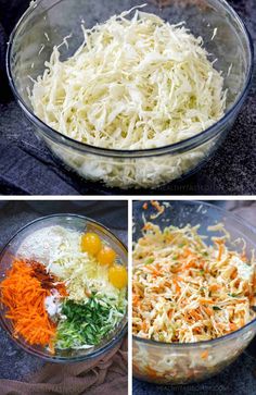 four pictures show different types of shredded cheese in glass bowls, including carrots and parmesan cheese