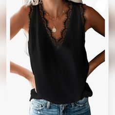 New Without Tags Never Used Wrap Tank Top, Lace Trim Tank Top, Lace Trim Cami, Lace Sleeveless Top, Casual Tanks, V Neck Tank Top, Lace Camisole, Loose Fitting Tops, Feminine Look