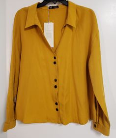 Zara Mustard Yellow Top New With Tag Size Xl 22 Inches Pit To Pit Trendy Long Sleeve Gold Blouse, Yellow Tops For Workwear In Fall, Yellow Tops For Fall Workwear, Yellow Long Sleeve Blouse For Fall, Mustard Long Sleeve Blouse For Fall, Casual Yellow Blouse For Fall, Casual Gold Shirt For Fall, Yellow Summer Office Shirt, Gold Button-up Blouse For Work