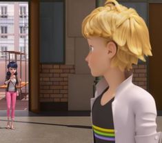 two animated women standing in front of a building