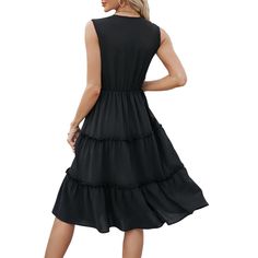 Black Lace V Neck Tiered Sleeveless Casual Dress Casual Black Sleeveless Dress, Black Sleeveless Midi Dress With Ruffles, Black Sleeveless Midi Dress For Vacation, Black Sleeveless Knee-length Dress With Ruffles, Black V-neck Sundress Sleeveless, Black Sleeveless Dress With Ruffles For Vacation, Sleeveless Black Midi Beach Dress, Sleeveless Black Midi Dress For Beach, Women Dresses Casual