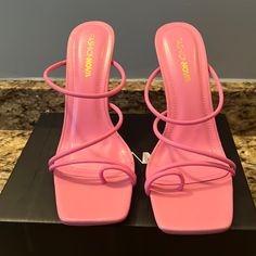 Brand New Never Worn Trendy Pink Heels With Padded Heel, Trendy Pink Pointed Toe Sandals, Pink Padded Heel Synthetic Heels, Pink Synthetic Heels With Padded Heel, Trendy Pink Square Toe Heels, Trendy Pink Heels With Wrapped Heel, Pink Synthetic Square Toe Heels, Pink Square Toe Heels For Spring, Pink Sandals With Padded Heel And Square Toe