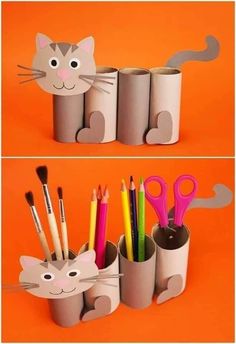 two pictures with pencils and pens in them, one has a cat on it