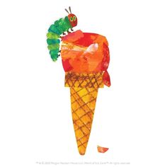 the very hungry caterpillar is on top of an ice cream cone with a worm