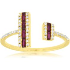 Royal 14K Yellow Gold Ring with Baguette Rubies and Round Diamonds - 0.36 Carat Total Gem Weight Ruby And Diamond Ring, Jewelry Appraisal, Radiant Diamond, Diamond Education, Ring Pendant Necklace, Open Ended, Royal Jewelry, Contemporary Aesthetic, Womens Wedding Bands