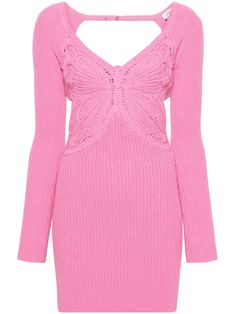 rose pink cotton blend ribbed knit butterfly embroidery plunging V-neck low back side button fastening extra-long sleeves straight hem thigh-length Pink Fitted V-neck Sweater Dress, Pink Ribbed V-neck Mini Dress, Ribbed V-neck Mini Dress, Pink Ribbed Sweater Dress, Chic Pink Ribbed Sweater Dress, Pink Knit V-neck Dress, Spring V-neck Ribbed Mini Dress, Ribbed V-neck Mini Dress For Spring, Spring Ribbed V-neck Mini Dress