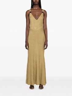 Elisabetta Franchi V-neck Lurex Gown - Farfetch Elegant Gold V-neck Maxi Dress, Chic Gold Maxi Length Evening Dress, Glamorous Gold V-neck Maxi Dress, Gold V-neck Maxi Dress For Gala, Chic Gold Evening Maxi Dress, Chic Gold Maxi Dress For Evening, Gold V-neck Maxi Dress For Evening, Luxury Gold Maxi Length Evening Dress, Luxury Gold Maxi Evening Dress