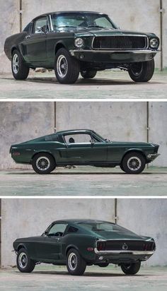 three pictures of the same car in different stages, one is green and the other is black