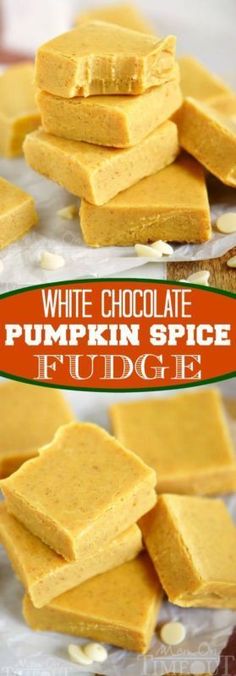 white chocolate pumpkin spice fudge bars stacked on top of each other with the title above it