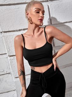 Black Basics   Cotton Plain Cami Embellished Slight Stretch Summer Women Tops, Blouses & Tee Coquette Stuff, Tops Shein, Ropa Aesthetic, Drop Shoulder Top, Crop Cami Top, Black Cami Top, Strappy Crop Top, Black And White Baby, Top Shein