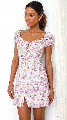 Details: Floral print Front neck-tie Mini dress Size and Fit: Size Length Bust S 72cm/28.3'' 83cm/32'' M 73cm/28.7'' 87cm/34.2'' L 74cm/29.1'' 93cm/36.6'' XL 79cm/29.5'' 97cm/38.2'' Mini Dress Floral, Embroidery Skirt, Leg Split, Dress One Shoulder, Fabric Swatch, Green Mini Dress, Strapless Maxi Dress, Pink Mini Dresses, Printed Midi Dress