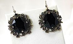 Black Crystal 16 mm earrings with filigree. Antique silver Filigree brings total earring to 18 x 18 mm. Antique Black Pierced Earrings, Victorian Black Pierced Earrings, Black Victorian Pierced Earrings, Antique Black Earrings For Gift, Antique Style Black Earrings For Gift, Antique Black Drop Earrings, Gothic Sterling Silver Earrings For Formal Occasions, Black Antique Drop Earrings, Formal Black Filigree Earrings