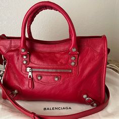 Brand New, No Tags, Genuine Purchased At Saks. Designer Red Satchel With Double Handle, Red Shopping Bags With Palladium Hardware, Red Satchel Bag With Palladium Hardware, Designer Red Satchel For Shopping, Red Tote Bag With Palladium Hardware, Designer Red Satchel For Everyday, Red Satchel With Silver-tone Hardware For Daily Use, Designer Red Bags With Silver-tone Hardware, Bags Balenciaga