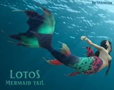 a mermaid is swimming in the water with her arms outstretched and feet spread out to catch something